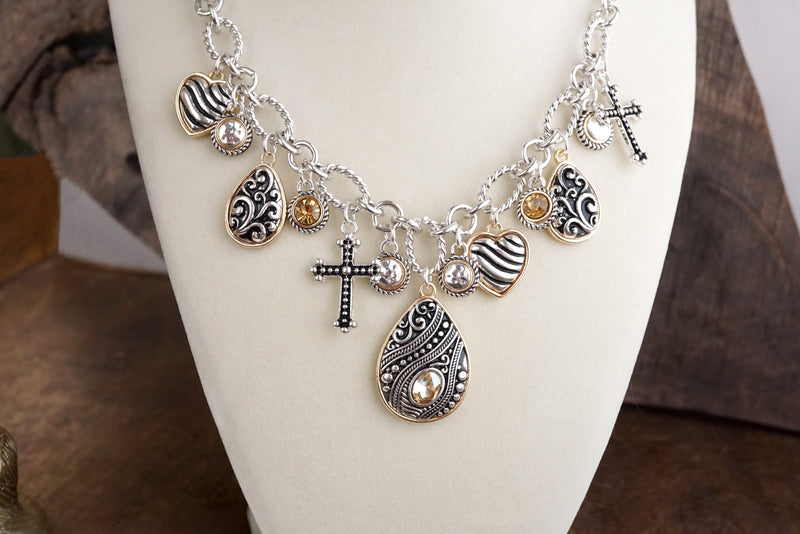 Hearts in Harmony – Filigree Charm Necklace & Earring Set in Worn Silver & Gold