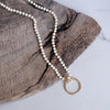 Long Wooden Bead Necklace with gold circle ring - Cream