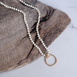 Long Wooden Bead Necklace with gold circle ring - Cream