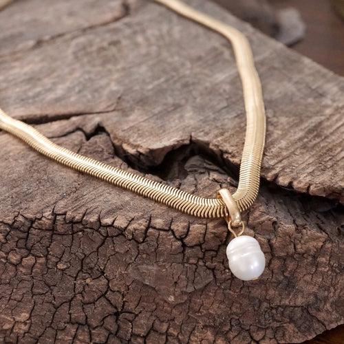 Classic Herringbone Necklace with a Freshwater Pearl Worn Gold Silver Gunmetal