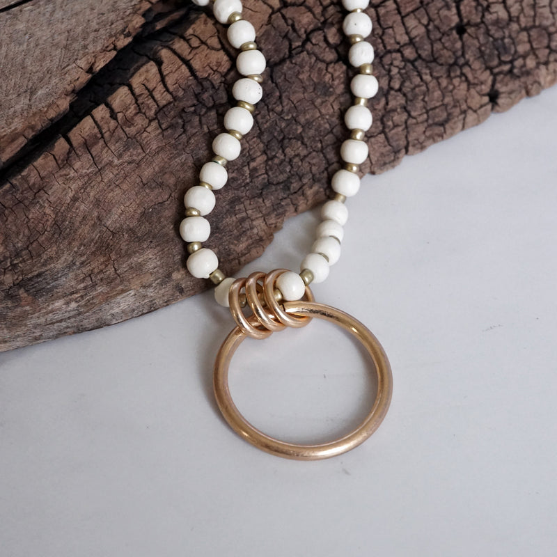 Long Wooden Bead Necklace with gold circle ring - Cream