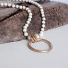Long Wooden Bead Necklace with gold circle ring - Cream