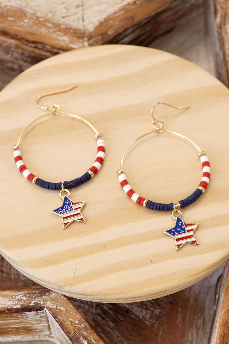 4th of July Dangle Hoop Earrings Red White Blue