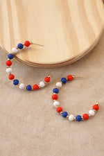Wood Beads 4th of July Hoop Earrings Red White Blue