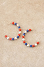 Wood Beads 4th of July Hoop Earrings Red White Blue