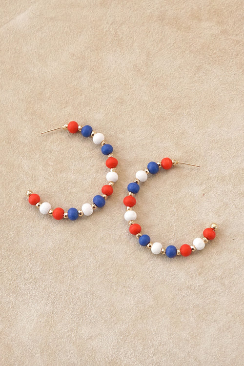 Wood Beads 4th of July Hoop Earrings Red White Blue