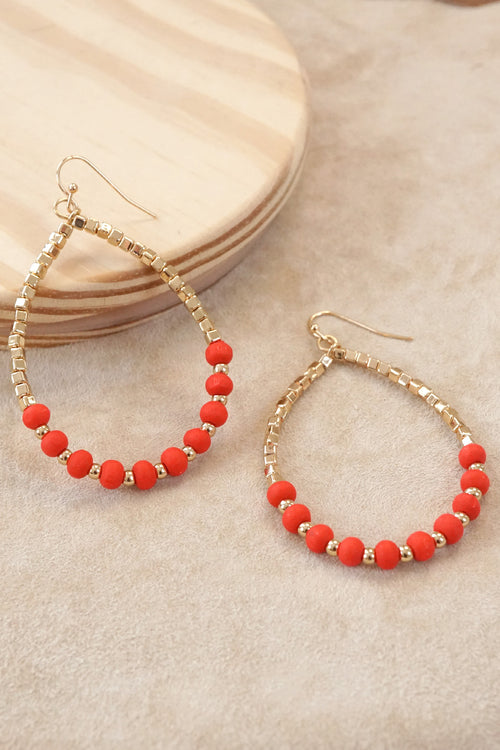 Wood Beads Teardrop Wire Earrings Red