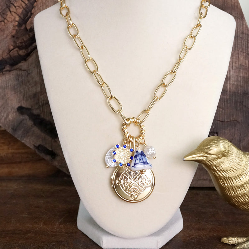 Multi-Charm Chinoiserie & Pearl Locket Cluster Necklace – Soft Blue & Gold