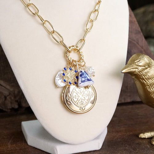 Multi-Charm Chinoiserie & Pearl Locket Cluster Necklace – Soft Blue & Gold