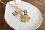 Multi-Charm Chinoiserie & Pearl Locket Cluster Necklace – Soft Blue & Gold