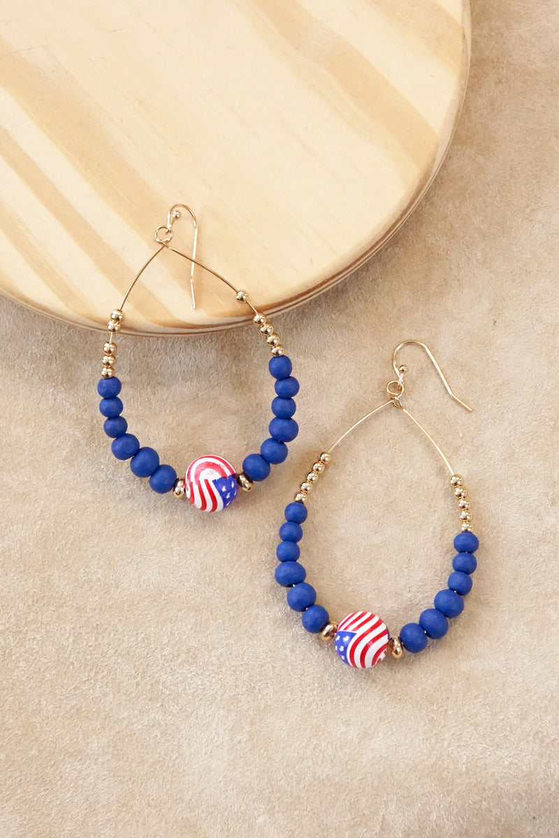 4th of July Wood Beads Teardrop Earrings Blue