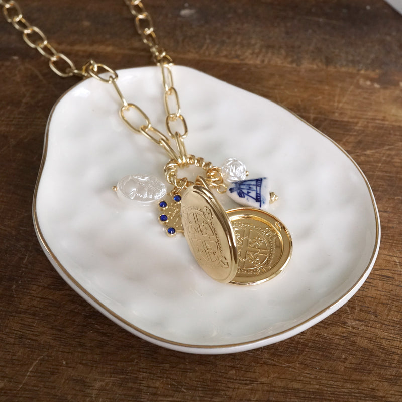 Multi-Charm Chinoiserie & Pearl Locket Cluster Necklace – Soft Blue & Gold
