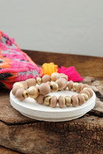 Chunky Beaded Bracelets set in Taupe Pink Wooden and Golden beads