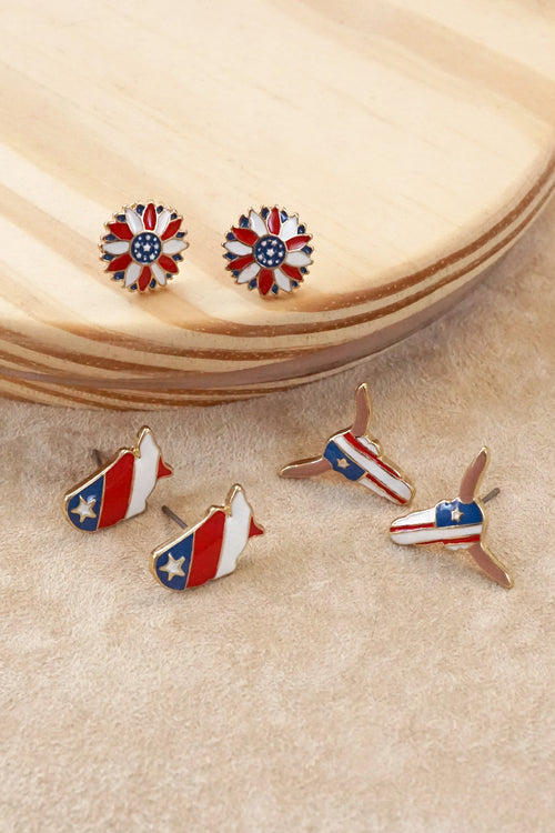 4th of July Patriot Studs earring set of 3 -  Steer Head Map