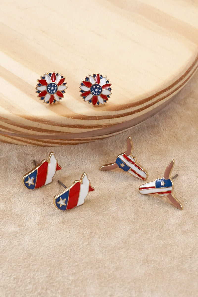 4th of July Patriot Studs earring set of 3 -  Steer Head Map