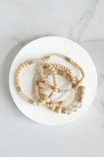 Beaded Bracelets stack of 4 piece with Natural Wood and Semi Precious Amazonite stones glass golden beads