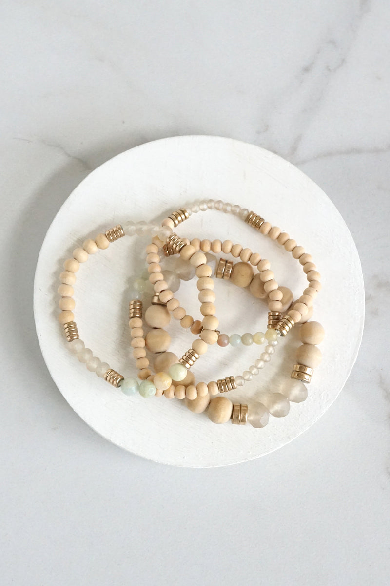 Beaded Bracelets stack of 4 piece with Natural Wood and Semi Precious Amazonite stones glass golden beads