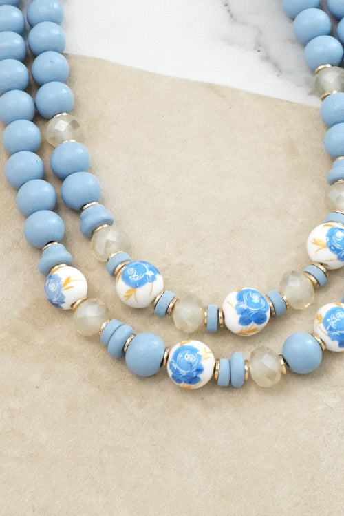 Multi Strand Spring Wood and Chinoiserie Beads Short Necklace in Blue and Gold