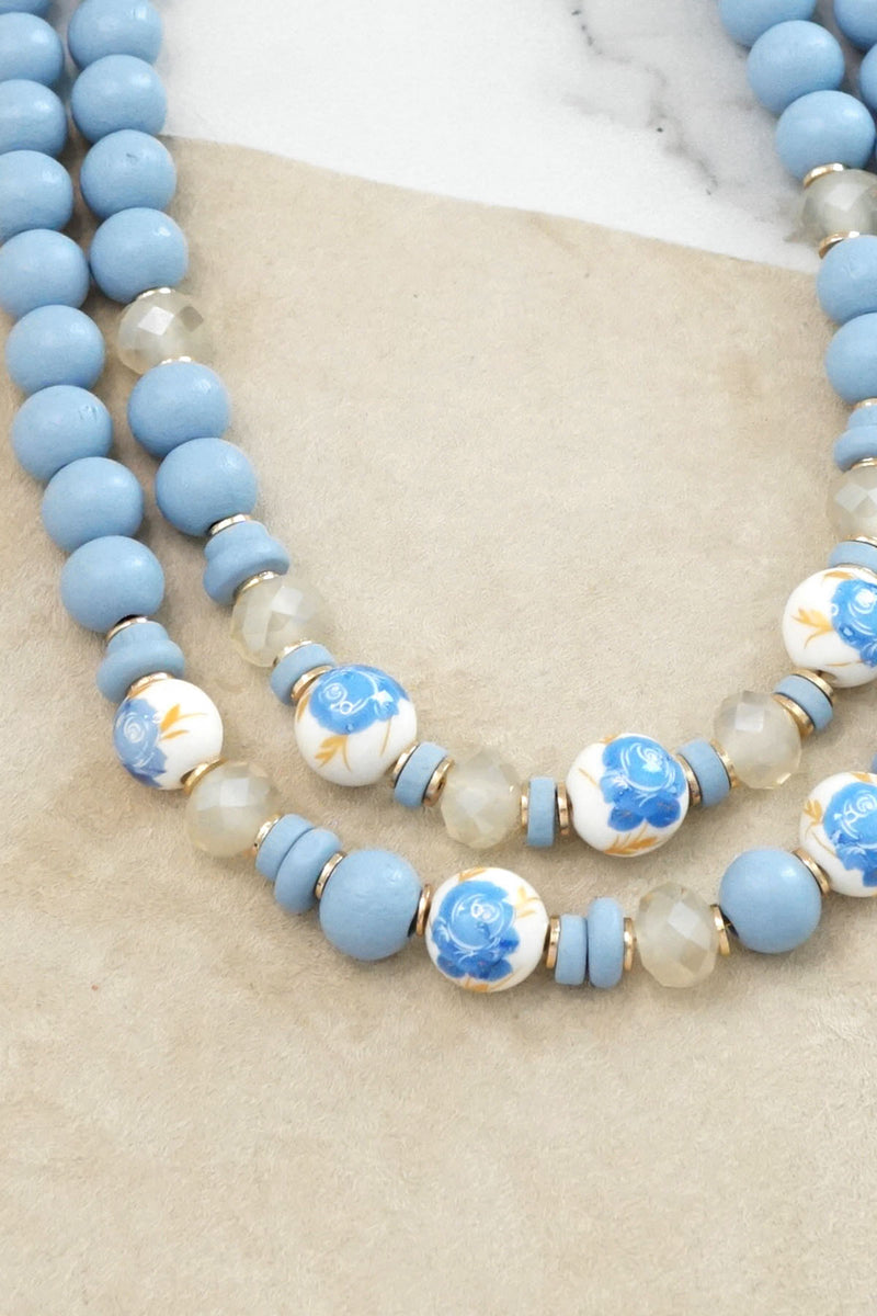 Multi Strand Spring Wood and Chinoiserie Beads Short Necklace in Blue and Gold