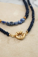 Multi Strand Stone and Wooden Beads Short Statement Necklace in Blue and Gold