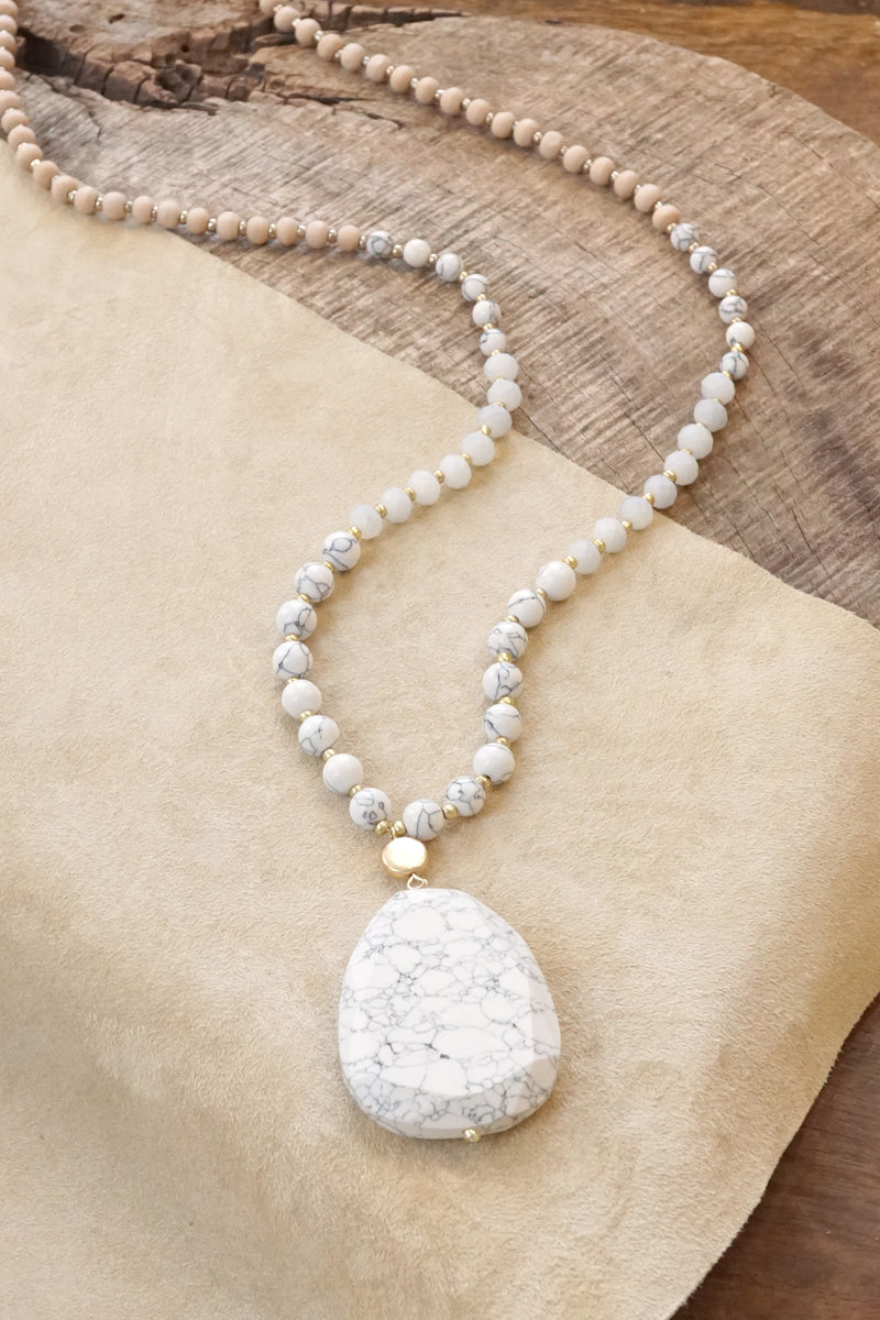 Beaded boho Necklace Mala Semi Precious White Stone and beads