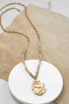 Long Beaded Necklace with Golden Teardrop Pendant - Neutrals