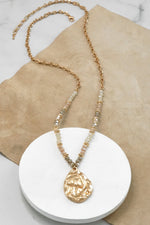 Long Beaded Necklace with Golden Teardrop Pendant - Neutrals