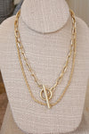 Front Toggle Closure Necklace Multi Layer Chain in Gold Tone