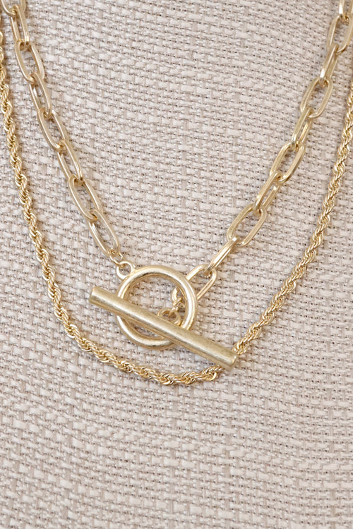 Front Toggle Closure Necklace Multi Layer Chain in Gold Tone