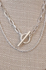 Front Toggle Closure Necklace Multi Layer Chain in Silver Tone