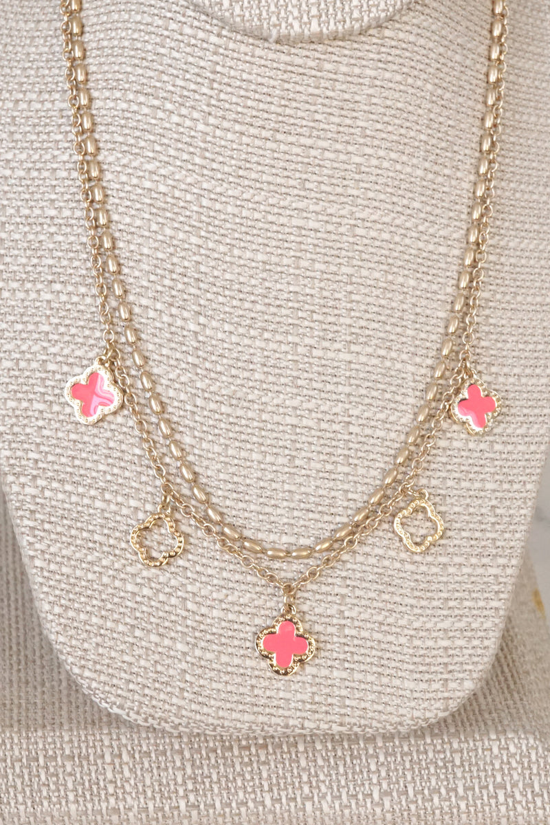 Layered gold tone short Clover necklace pendant Pink White Turquoise Black