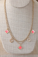 Layered gold tone short Clover necklace pendant Pink White Turquoise Black