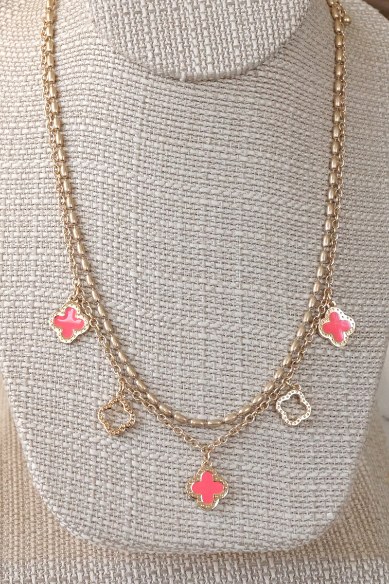 Layered gold tone short Clover necklace pendant Pink White Turquoise Black