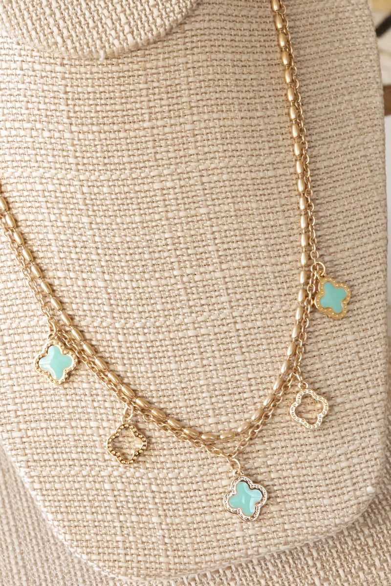 Layered gold tone short Clover necklace pendant Pink White Turquoise Black