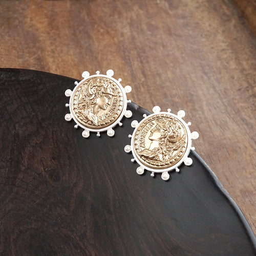 Boho Coin Statement Stud Earrings – Silver and Gold Tone