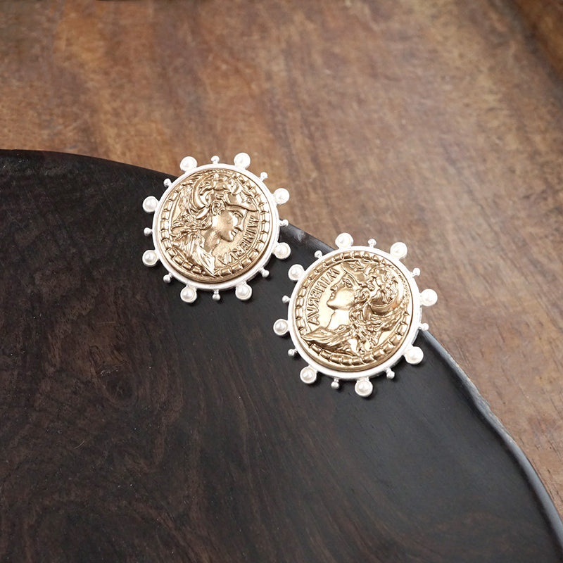 Boho Coin Statement Stud Earrings – Silver and Gold Tone