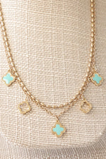 Layered gold tone short Clover necklace pendant Pink White Turquoise Black