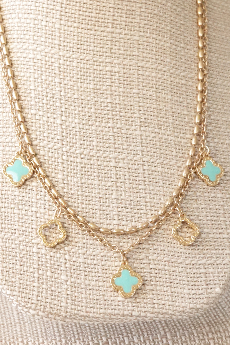Layered gold tone short Clover necklace pendant Pink White Turquoise Black