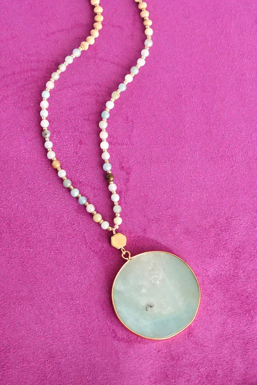 Beaded Long Necklace with Semi Precious Amazonite Stone Round Pendant