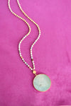 Beaded Long Necklace with Semi Precious Amazonite Stone Round Pendant