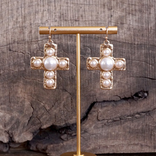 Primitive Cross Earrings – Gold with Turquoise or Pearl