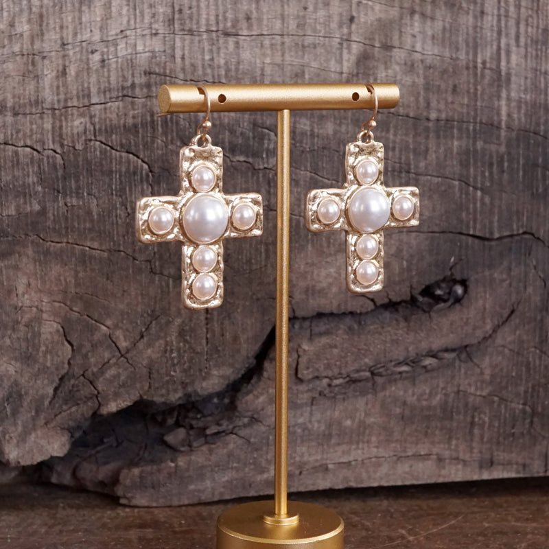 Primitive Cross Earrings – Gold with Turquoise or Pearl