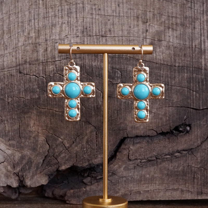 Primitive Cross Earrings – Gold with Turquoise or Pearl