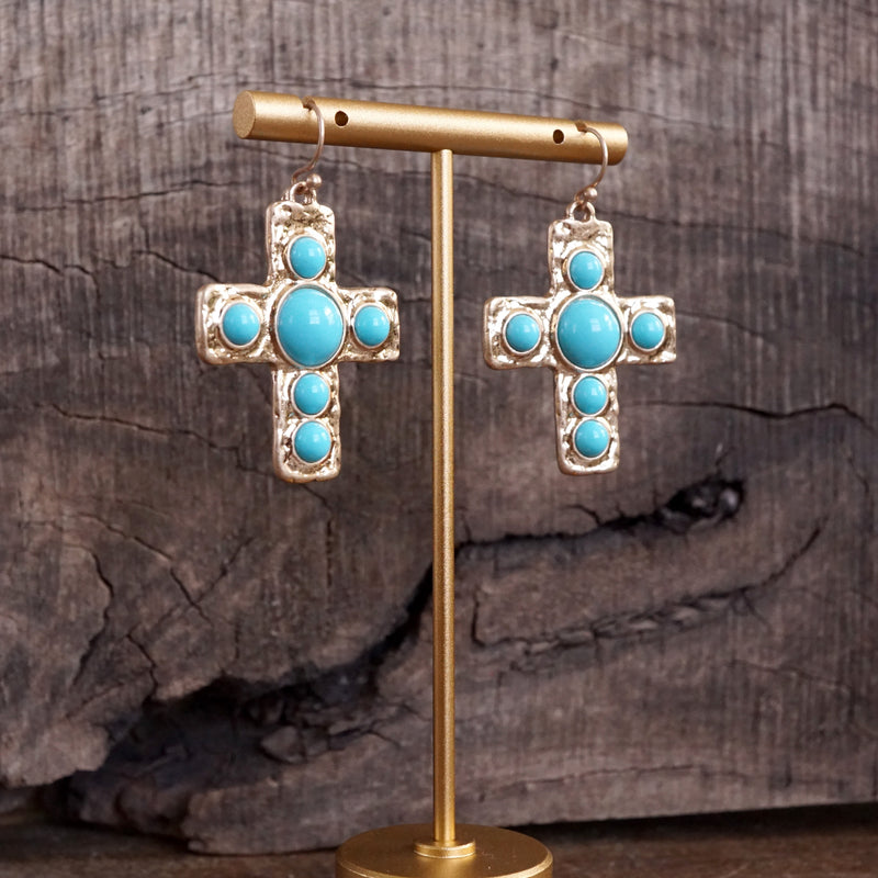 Primitive Cross Earrings – Gold with Turquoise or Pearl