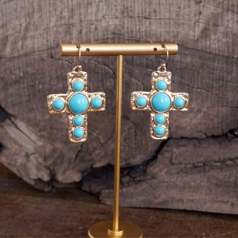 Primitive Cross Earrings – Gold with Turquoise or Pearl
