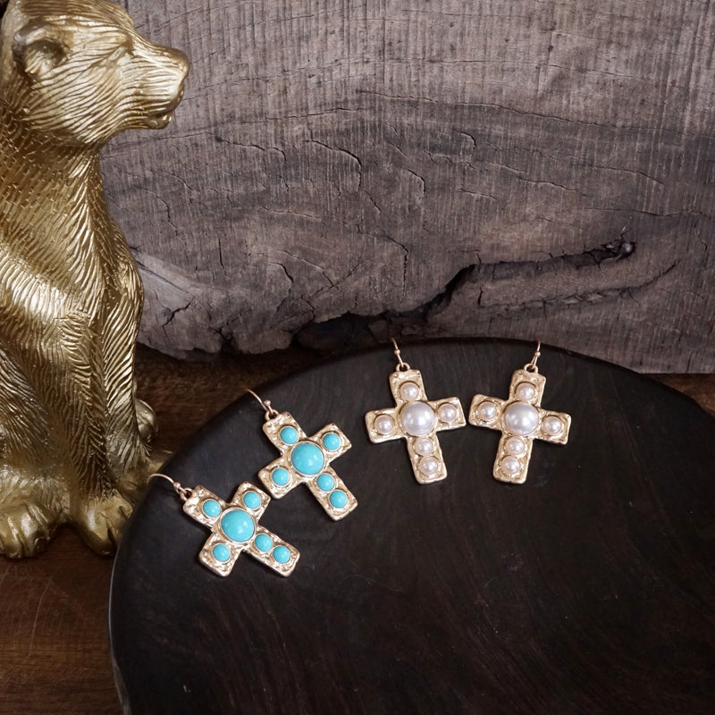 Primitive Cross Earrings – Gold with Turquoise or Pearl