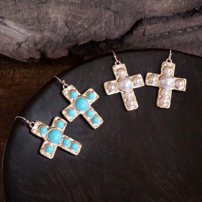 Primitive Cross Earrings – Gold with Turquoise or Pearl