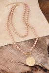 Multi Strand Wooden Beads Short Coin Necklace in Pink and Gold