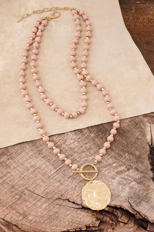 Multi Strand Wooden Beads Short Coin Necklace in Pink and Gold