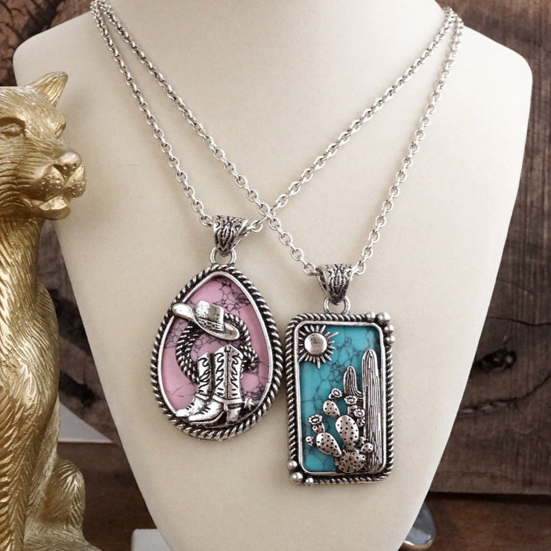 Prairie Tales – Silver Tone Western Pendant Necklace